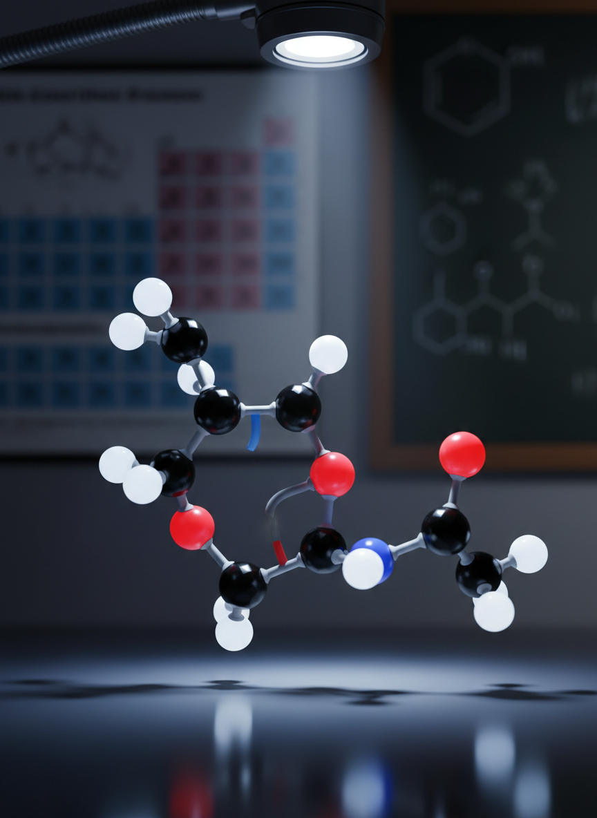 A close-up, photographic image of an illuminated molecular model of an organic compound, built with glossy plastic spheres and rods in distinct colors for different elements, standing on a smooth dark lab bench. The background features a softly blurred periodic table poster and the edge of a chalkboard with faint structural formulas. Focused LED task lighting from above highlights the three-dimensional geometry of the molecule, casting small, sharp shadows that emphasize its spatial arrangement. Captured from a slightly low, three-quarter angle, the composition places the molecule off-center using the rule of thirds, creating a dynamic yet studious mood. The overall atmosphere feels analytical and concept-focused, ideal for illustrating theoretical chemistry concepts on a professional educator’s site.