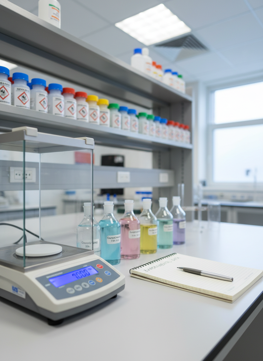 A professional chemistry workspace captured in photographic realism, centered on a pristine white lab bench holding a high-precision analytical balance, a neatly labeled notebook, and a row of volumetric flasks containing dilute pastel-colored solutions. Behind the bench, shelves display systematically organized reagent bottles with colored caps and safety symbols, slightly out of focus. Cool, even overhead laboratory lighting mixes with faint natural light from a distant frosted window, creating a bright, clinical, and trustworthy mood. The composition uses the rule of thirds, with the balance and flasks anchoring the frame. A shallow depth of field gives crisp detail to the measurement tools while the background gently blurs, emphasizing accuracy, professionalism, and careful experimental practice suitable for a chemistry portfolio.