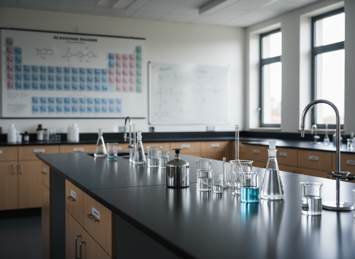 A clean, modern chemistry classroom photographed in high resolution, featuring a large central black lab bench with neatly arranged glassware: Erlenmeyer flasks, beakers with colorless and pale blue solutions, and a gleaming metal Bunsen burner. In the background, a wall-mounted periodic table, a whiteboard filled with faint, out-of-focus reaction schemes, and closed cabinets of labeled reagents create a professional academic setting. Soft, diffused daylight enters from tall windows on the side, casting gentle reflections on the polished benchtop. Shot at eye level with a slightly wide angle, the foreground glassware is in sharp focus while the room subtly blurs, conveying an organized, focused, and authentic educational atmosphere in a photographic realism style.